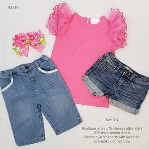 Joe Jeans denim shorts, ruffle pink shirt, Bow , girls, 3T, 4T
